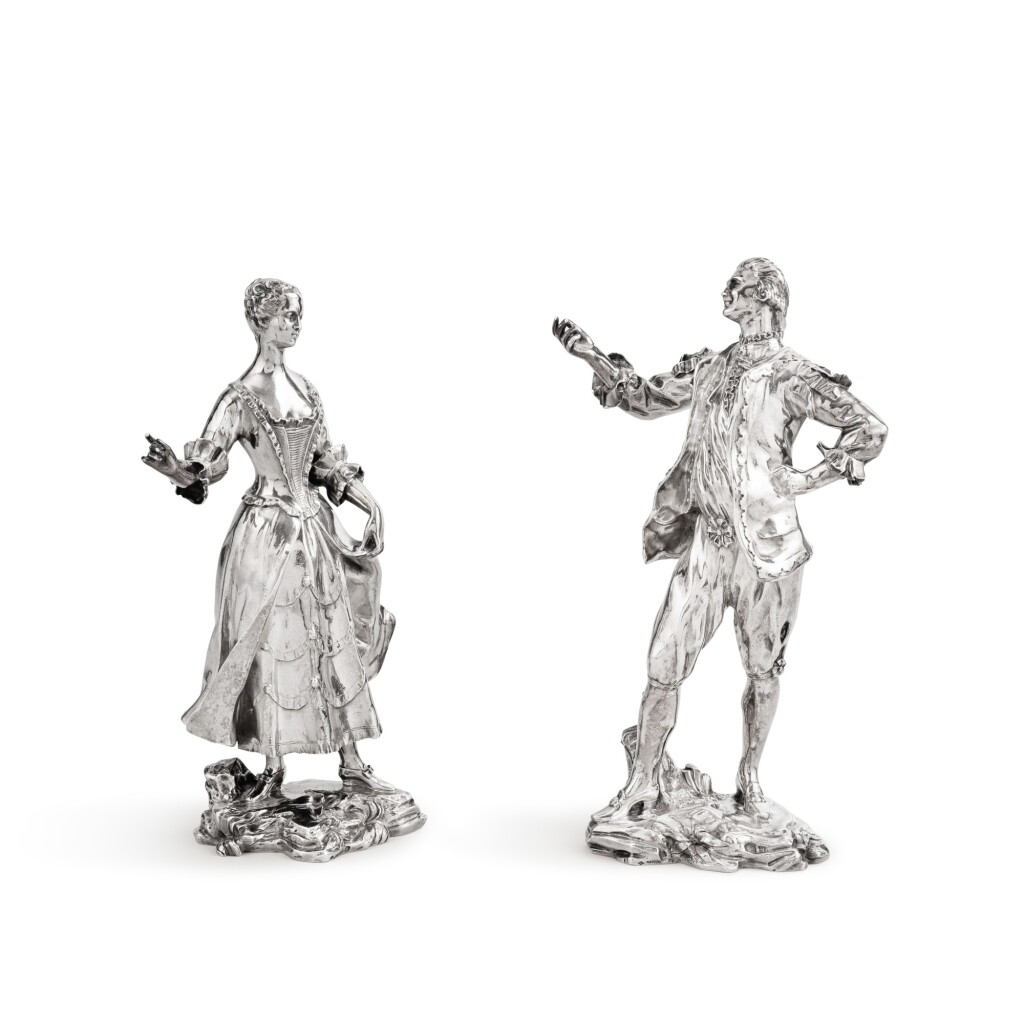 View full screen - View 1 of Lot 170. A pair of silver dancers after Cousinet, by Aucoc, Paris, circa 1880 | Paire de danseurs en argent, d'après Cousinet, par Aucoc, Paris, vers 1880 .