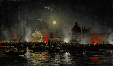View full screen - View 1 of Lot 279. GIOVANNI GRUBACS | DECORATED BARGES AND FIREWORKS BY THE PUNTA DELLA DOGANA IN VENICE .