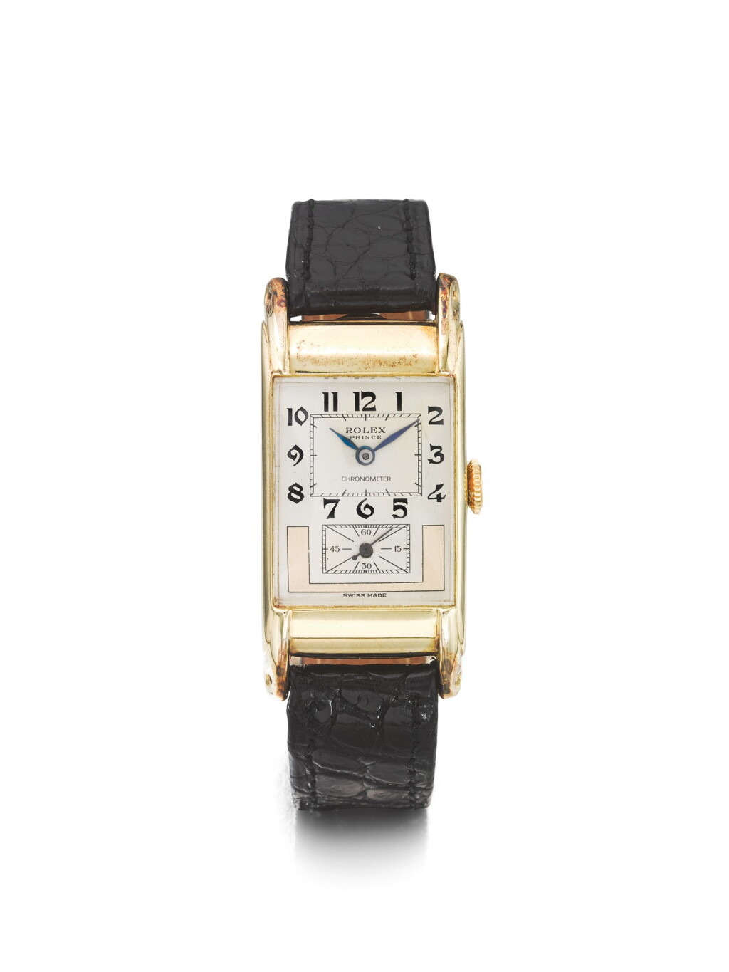 View full screen - View 1 of Lot 73. ROLEX | REF 3937 PRINCE, A YELLOW GOLD RECTANGULAR DUO-DIALED WRISTWATCH CIRCA 1950.