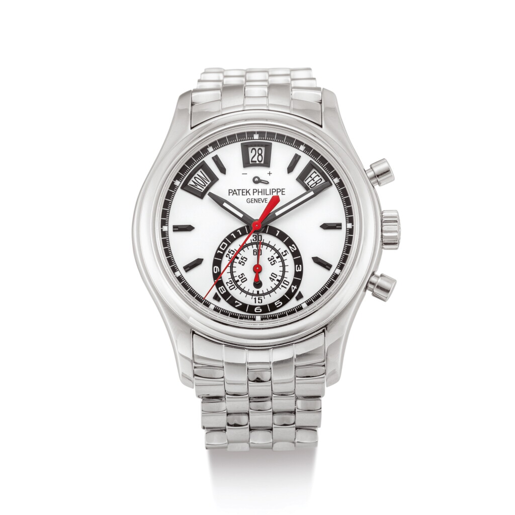 View full screen - View 1 of Lot 2049. PATEK PHILIPPE | REFERENCE 5960 A STAINLESS STEEL ANNUAL CALENDAR FLYBACK CHRONOGRAPH WRISTWATCH WITH POWER RESERVE, DAY AND NIGHT INDICATION AND BRACELET, CIRCA 2016 | 百達翡麗 | "型號5960 精鋼年曆飛返計時鏈帶腕錶,備動力儲備及晝夜顯示,機芯編號5885629,錶殼編號6044704,約2016年製".
