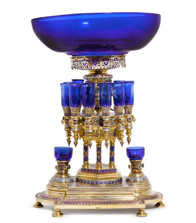 View full screen - View 1 of Lot 224. An impressive silver-gilt, champlevé enamel and glass centrepiece, Pavel Ovchinnikov, Moscow, circa 1890.