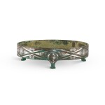 An unusual silver-inlaid bronze tripod stand, Han dynasty 漢 銅錯銀三足座
