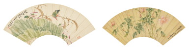 View full screen - View 1 of Lot 590. Zhang Pan; Tang Shishu Flowers | 張槃、湯世澍 花卉 設色紙本 扇面二幀.