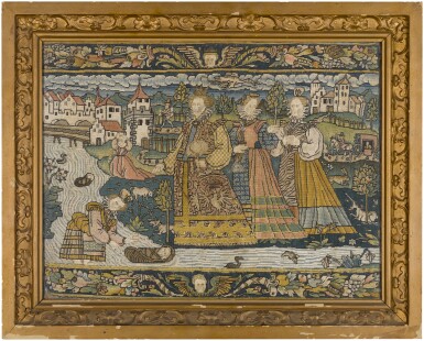 View full screen - View 1 of Lot 206. An Old Testament Biblical needlework panel, depicting the Discovery of Moses, probably French, first half 16th century.