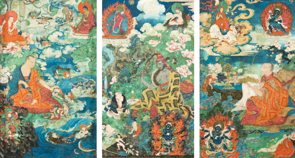 View full screen - View 1 of Lot 142. ENSEMBLE DE TROIS TANGKA REPRÉSENTANT ARHAT SUBHUTI, ABHAYAKARAGUPTA, ET LE KEDRUB GELEG PAL ZANGPO TIBET, XVIIIE-XIXE SIÈCLE | 西藏 十八至十九世紀 須菩提尊者、 阿帕耶卡拉笈多、 克珠傑 .格勒巴桑班禪唐卡一組三件 設色布本 鏡框 | A group of three thangka depicting the Arhat Subhuti, Abhayakaragupta, and the Kedrub Geleg Pal Zangpo, Tibet, 18th/19th century.
