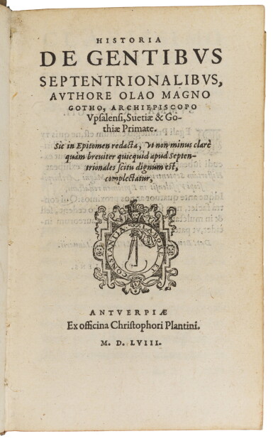 View full screen - View 1 of Lot 150. Magnus, Historia de gentibus septentrionalibus, Antwerp, 1558, old vellum.