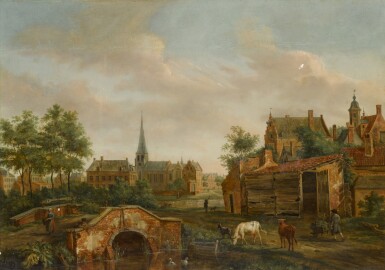 View full screen - View 1 of Lot 202. HENDRIK FRANS DE CORT | A town scene with cattle by a bridge.