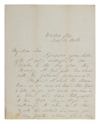 View full screen - View 1 of Lot 15. FRANKLIN PIERCE | A letter from President Pierce, noting the character of Secretary of War Jefferson Davis.