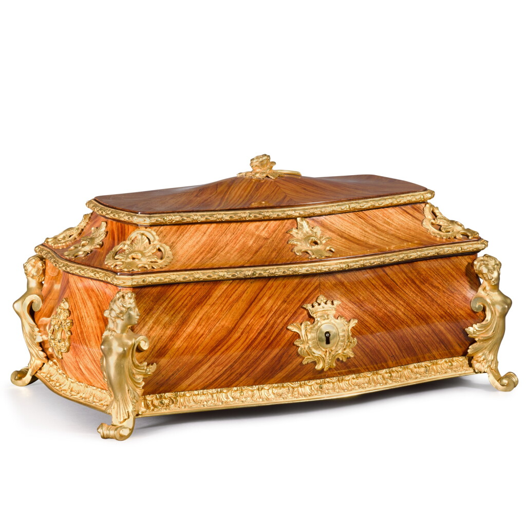 View full screen - View 1 of Lot 106. A Louis XV style gilt-bronze mounted tulipwood bombé-shaped casket, late 19th century.
