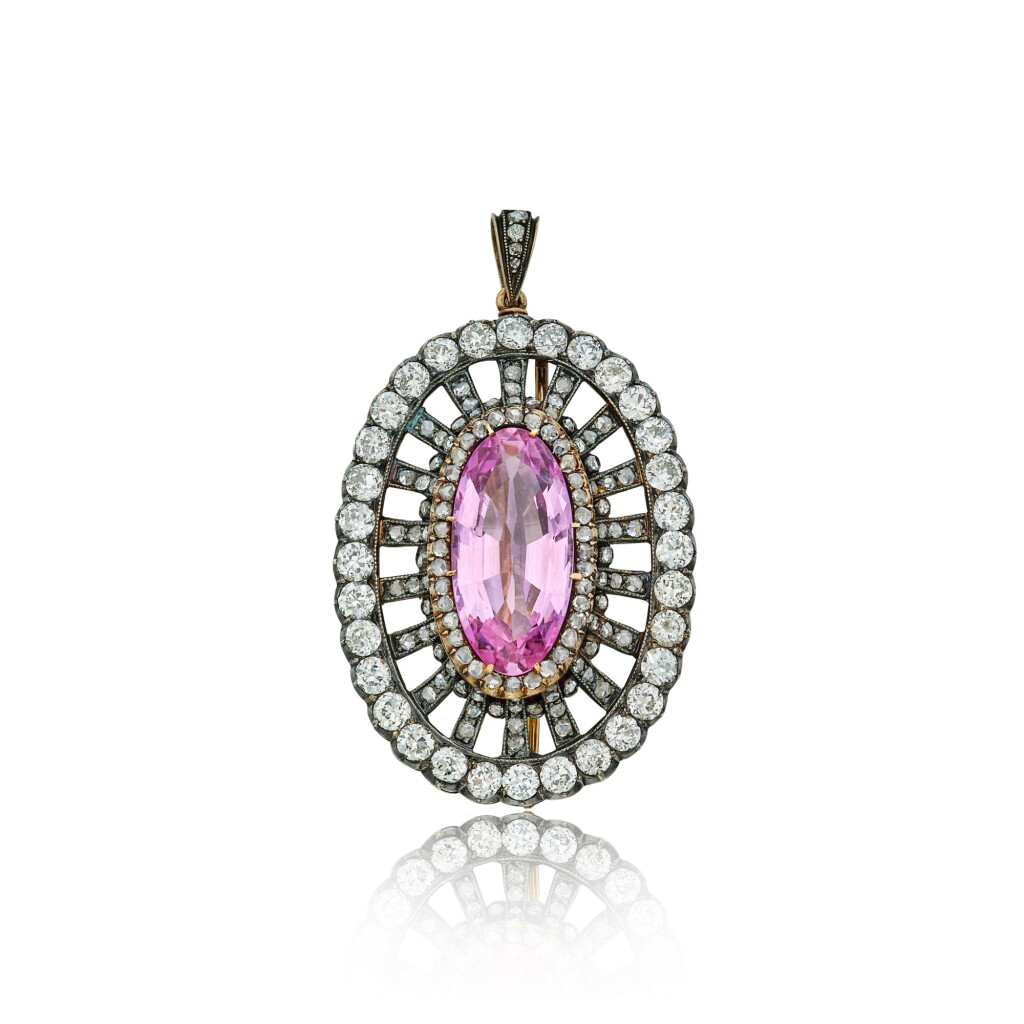 View full screen - View 1 of Lot 471. Pink Topaz and Diamond Pendant-Brooch.