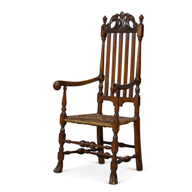 View full screen - View 1 of Lot 61. A Very Rare William and Mary Turned and Carved Maple Banister-Back Armchair, Salem, Massachusetts, Circa 1725.