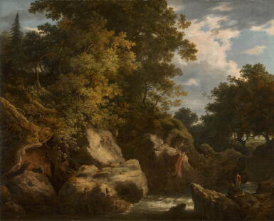 View full screen - View 1 of Lot 73. A romantic landscape with fishermen and a dog by a rushing stream in a glen.