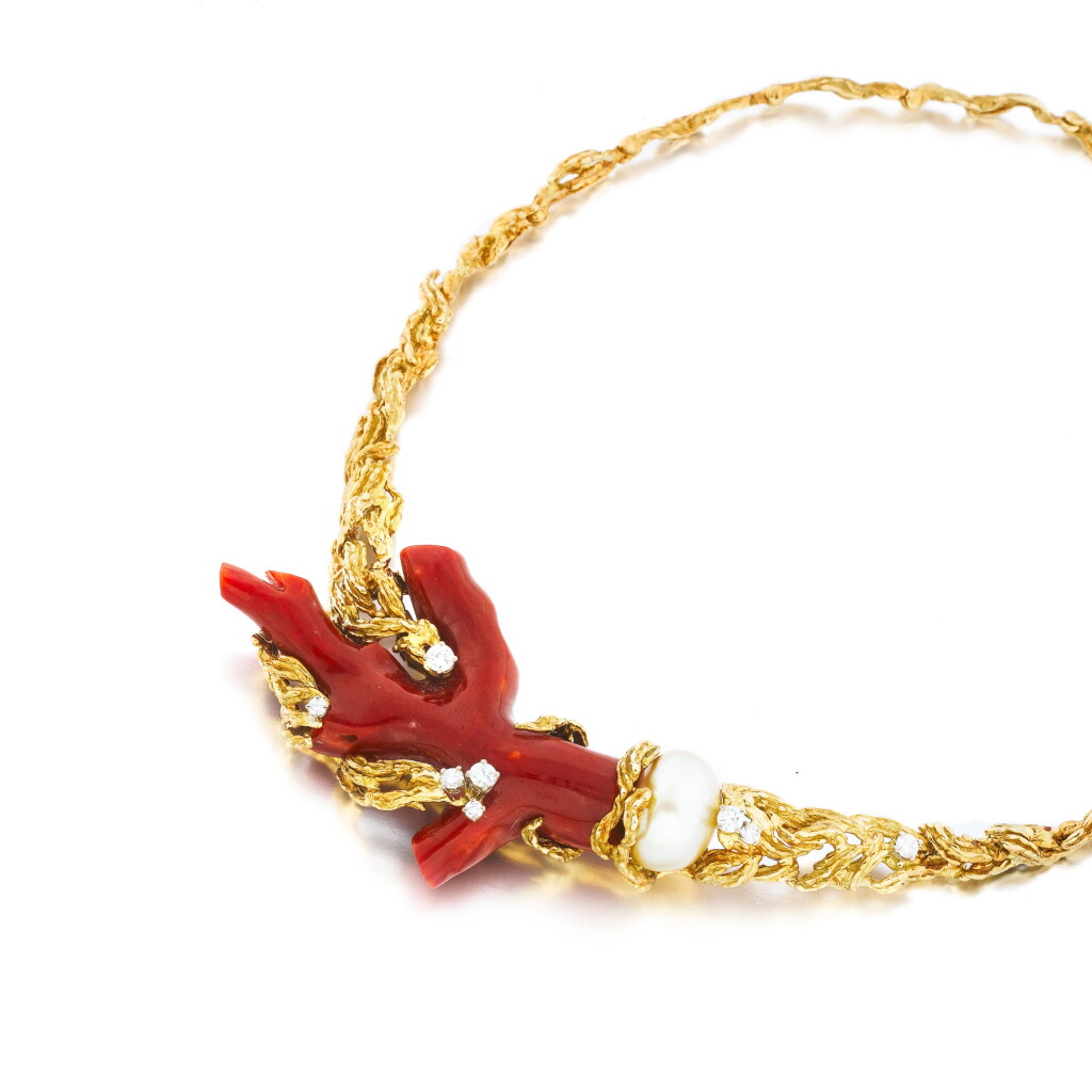 View full screen - View 1 of Lot 432. Gilbert Albert | Collier corail, perle de culture et diamants | Coral, cultured pearl and diamond necklace.