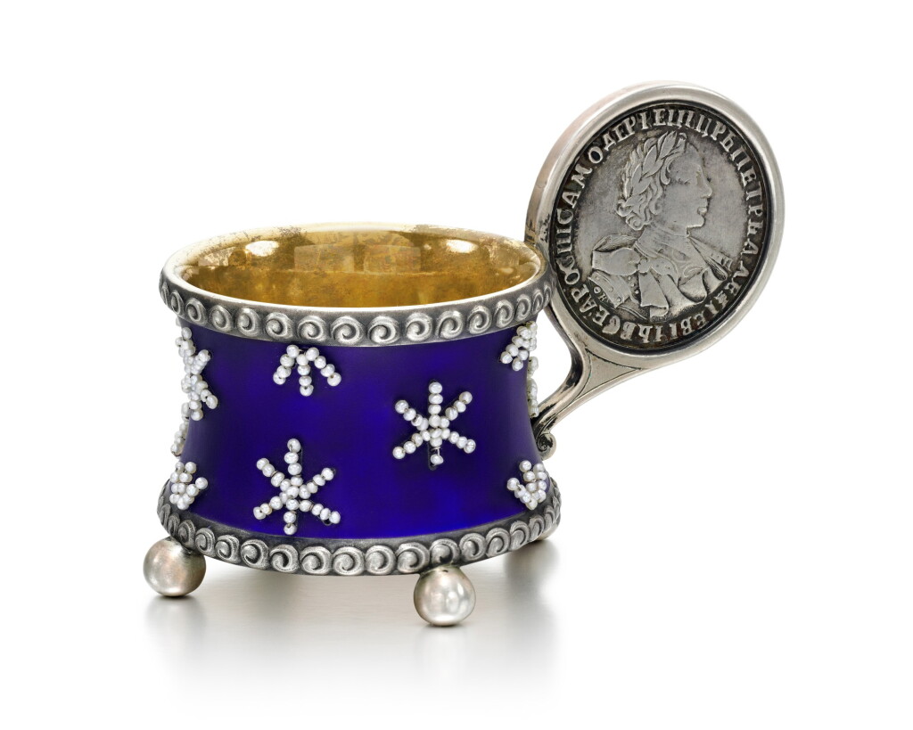 View full screen - View 1 of Lot 1. A FABERGÉ PARCEL-GILT SILVER, ENAMEL AND SEED PEARL CHARKA, MOSCOW, 1908-1917.