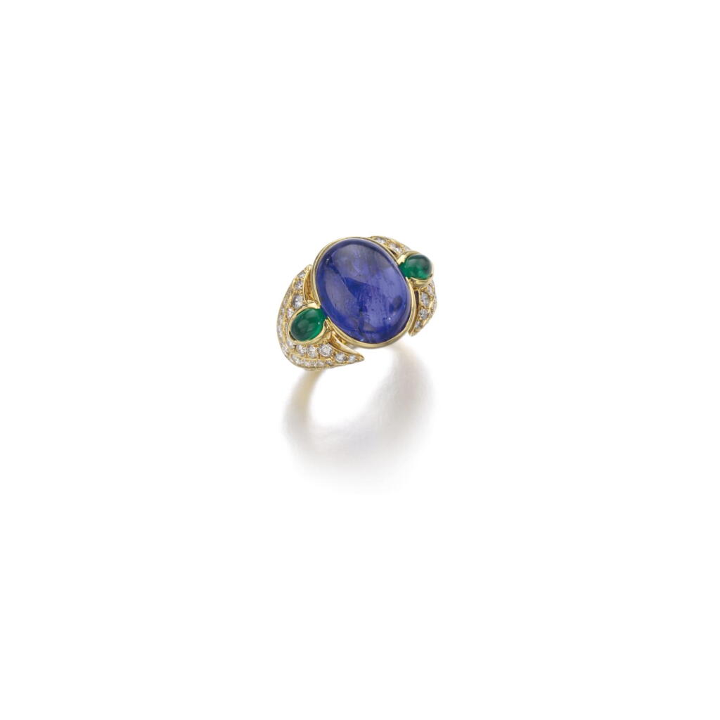 View full screen - View 1 of Lot 342. SAPPHIRE, EMERALD AND DIAMOND RING.