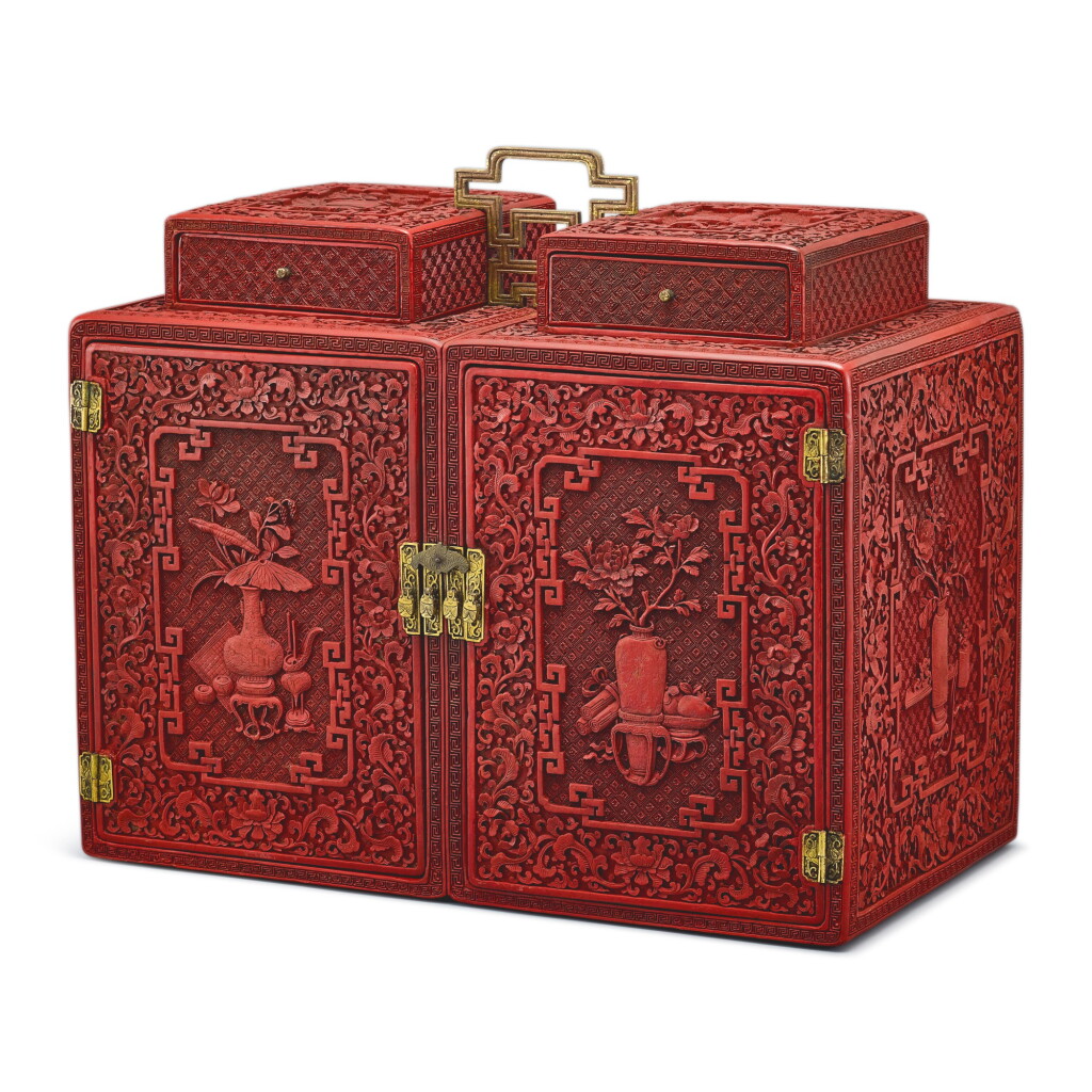 View full screen - View 1 of Lot 317. A rare imperial finely carved cinnabar lacquer cabinet Qing dynasty, Qianlong period | 清乾隆 剔紅博古花卉紋提匣.