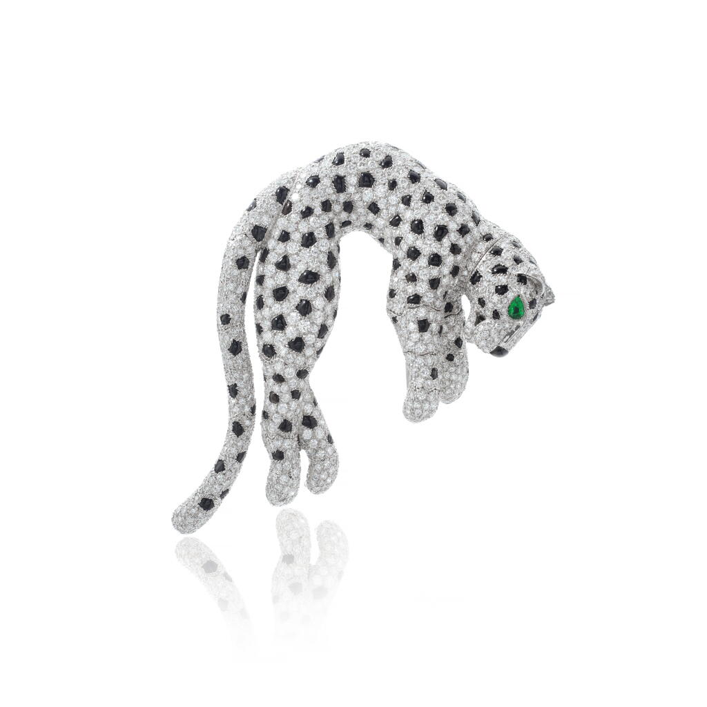 View full screen - View 1 of Lot 615. Emerald, onyx and diamond brooch, 'Panthère, circa 1988.