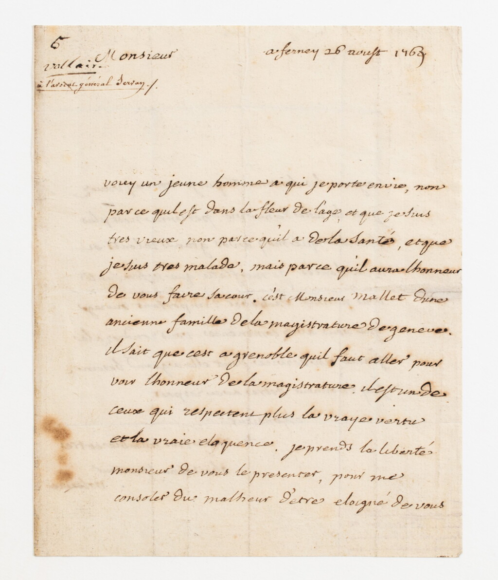 View full screen - View 1 of Lot 20. VOLTAIRE. Lettre autographe signée à M. Servan, avocat général. Ferney, 26 août 1769. 2 pages sur un feuillet in-8..