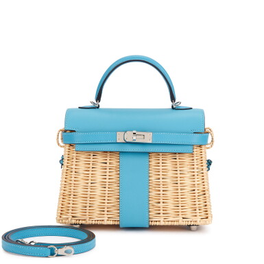 View full screen - View 1 of Lot 3139. Limited Edition Bleu du Nord Swift and Osier Wicker Mini Picnic Kelly II 20 Palladium Hardware, 2021.