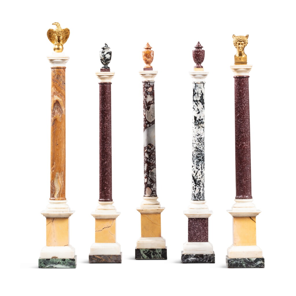 View full screen - View 1 of Lot 512. A set of five gilt-bronze-mounted marble and hardstone columns, 20th century.