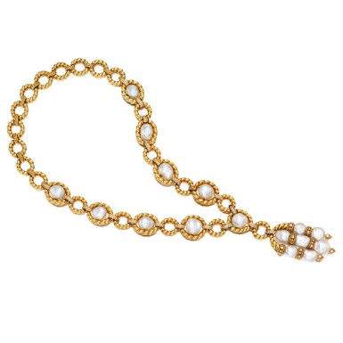 View full screen - View 1 of Lot 229. Gold, Cultured Pearl and Diamond Necklace-Bracelet Combination.