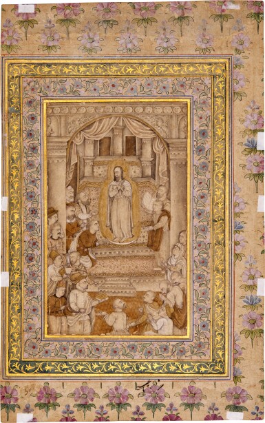 View full screen - View 1 of Lot 37. Christ nimbed in glory surrounded by disciples in a classical interior, India, Mughal or Deccan, mid-17th century; on a double-sided album page with calligraphy on the verso by the royal calligrapher Muhammad Husayn Zarin Qalam, Mughal, circa 1580-1600.