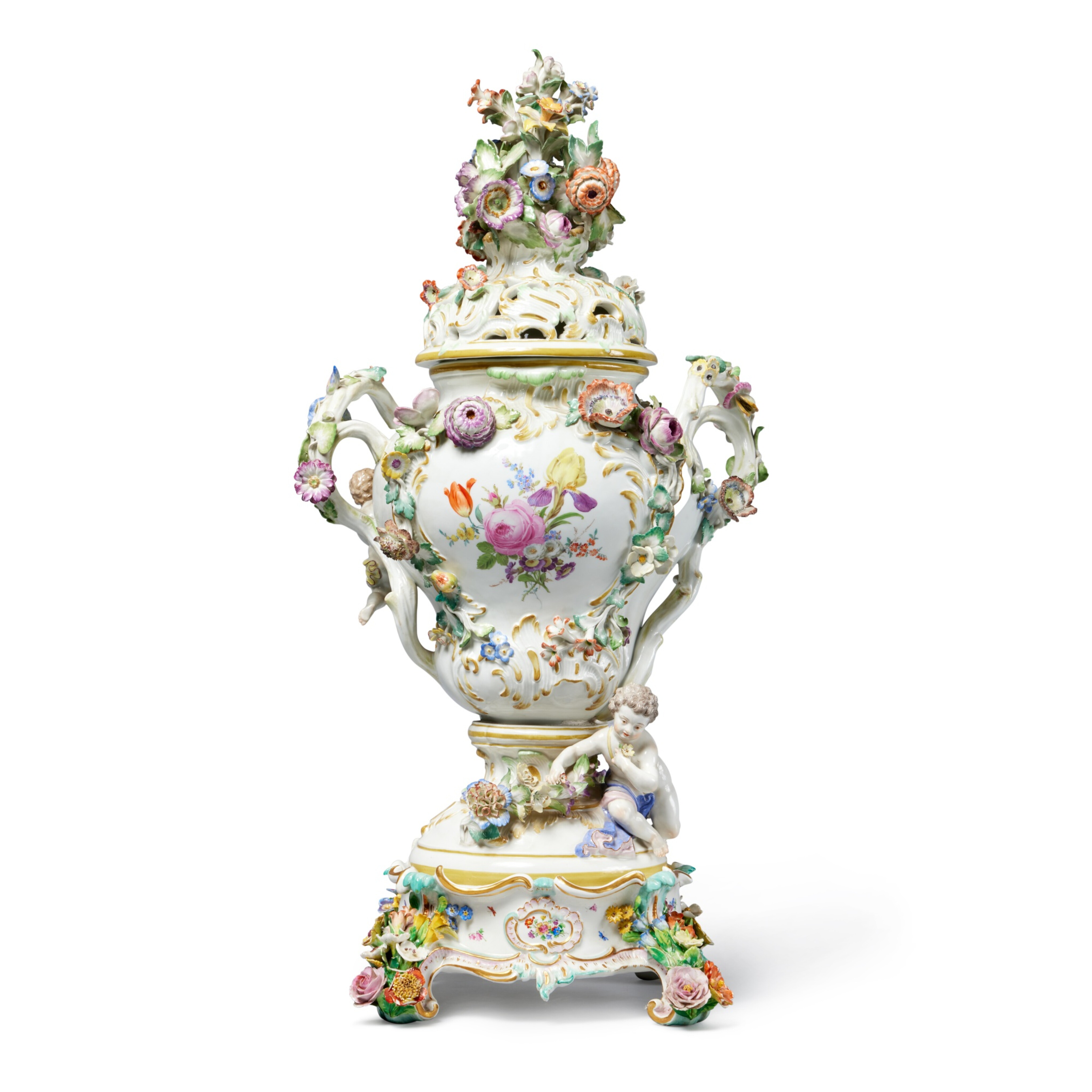 A Meissen Porcelain Flower-Encrusted Large Pot-Pourri Vase