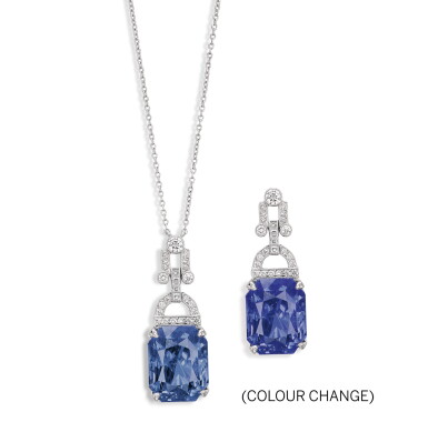 View full screen - View 1 of Lot 1610. Tiffany & Co. | Colour Change Sapphire and Diamond Pendent Necklace | 蒂芙尼 | 15.07克拉 天然「斯里蘭卡」變色藍寶石 配 鑽石項鏈.