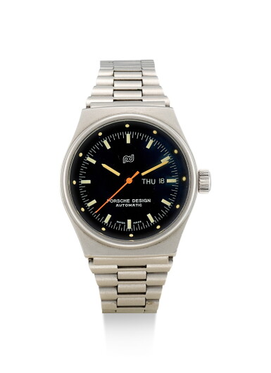 View full screen - View 1 of Lot 8024. PORSCHE DESIGN | A STAINLESS STEEL WRISTWATCH WITH DAY, DATE AND BRACELET, CIRCA 1990.