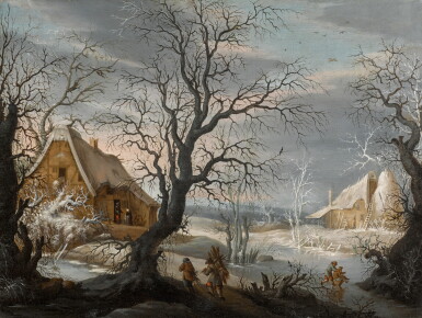 View full screen - View 1 of Lot 44. DUTCH SCHOOL, 18TH CENTURY | A winter landscape with figures gathering wood by a frozen lake.