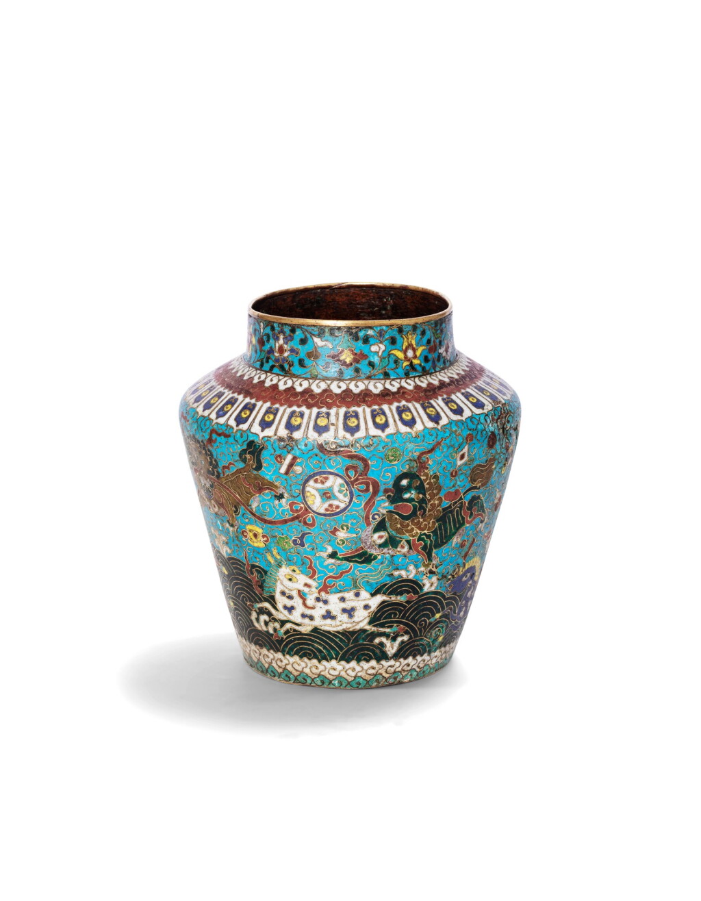 View full screen - View 1 of Lot 173. A gilt-bronze and cloisonné enamel 'Lion' vase Ming dynasty, 16th-17th century | 明十六至十七世紀 掐絲琺瑯瑞獸紋折肩罐.