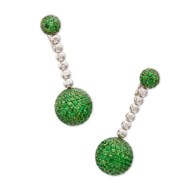 View full screen - View 1 of Lot 476. Pair of Tsavorite, Garnet and Diamond 'Boule' Earclips.
