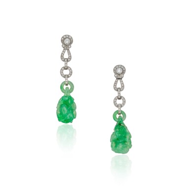View full screen - View 1 of Lot 399. Pair of Jade and Diamond Earrings.