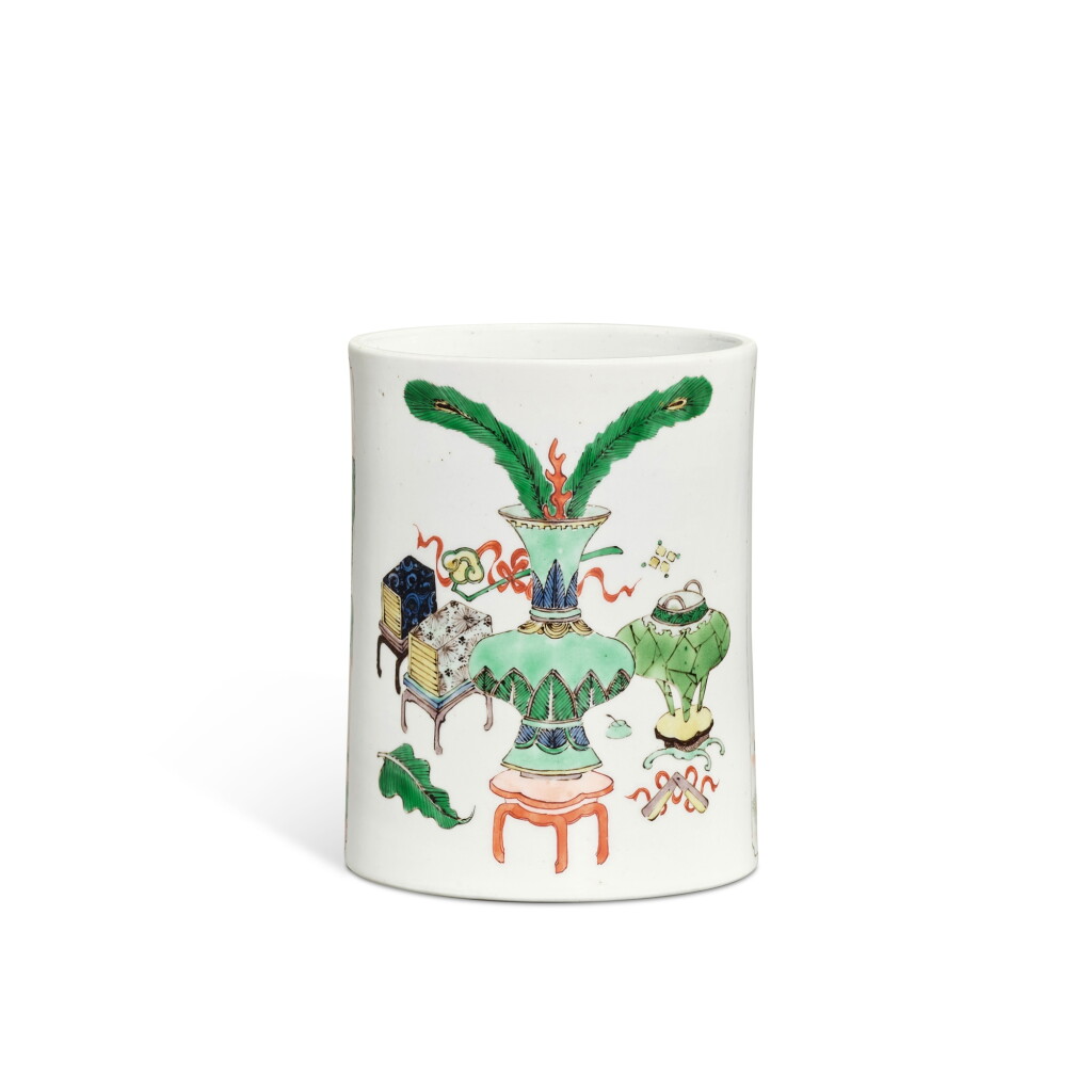 View full screen - View 1 of Lot 9375. A wucai 'lotus and antiquity' brushpot, Qing dynasty, Kangxi period | 清康熙 五彩荷塘清趣圖筆筒.
