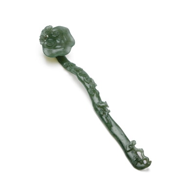 View full screen - View 1 of Lot 134. A green stone lingzhi-form ruyi scepter, Qing dynasty, 19th century.