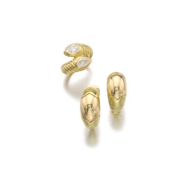 View full screen - View 1 of Lot 49. PAIR OF GOLD EARRINGS AND A DIAMOND RING, BULGARI.