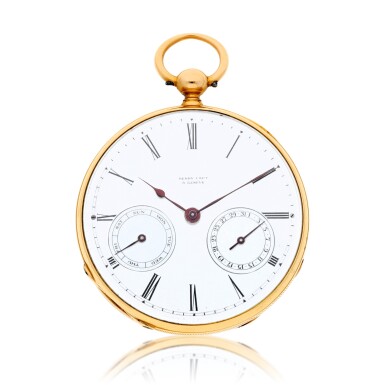 View full screen - View 1 of Lot 220. A gold open-faced pivoted detent pocket chronometer watch with day and date indication circa 1860, No. 19112.