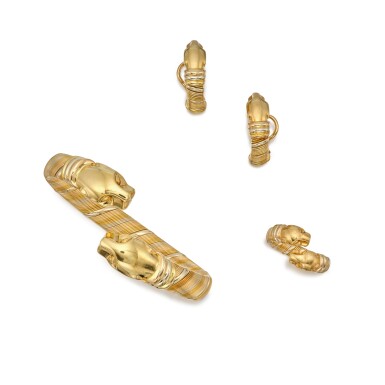 View full screen - View 1 of Lot 242. Suite of Three-Color Gold 'Panthère' Jewels.
