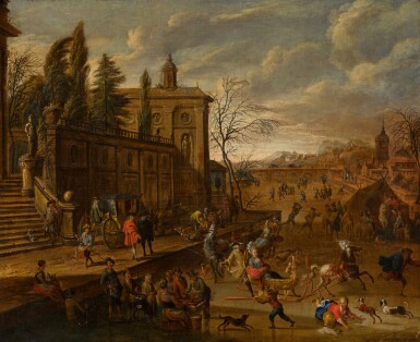 View full screen - View 1 of Lot 452. Winter landscape with figures skating and sledging on a frozen canal before an Italianate terrace, a town beyond.