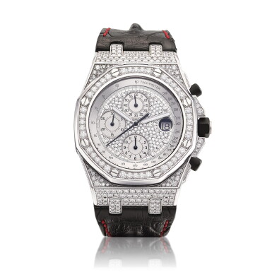 View full screen - View 1 of Lot 8143. Royal Oak Offshore | A white gold and diamond-set chronograph wristwatch with date, Circa 2008 | 愛彼 | 皇家橡樹系列 | 白金鑲鑽石計時腕錶,備日期顯示,約2008年製.