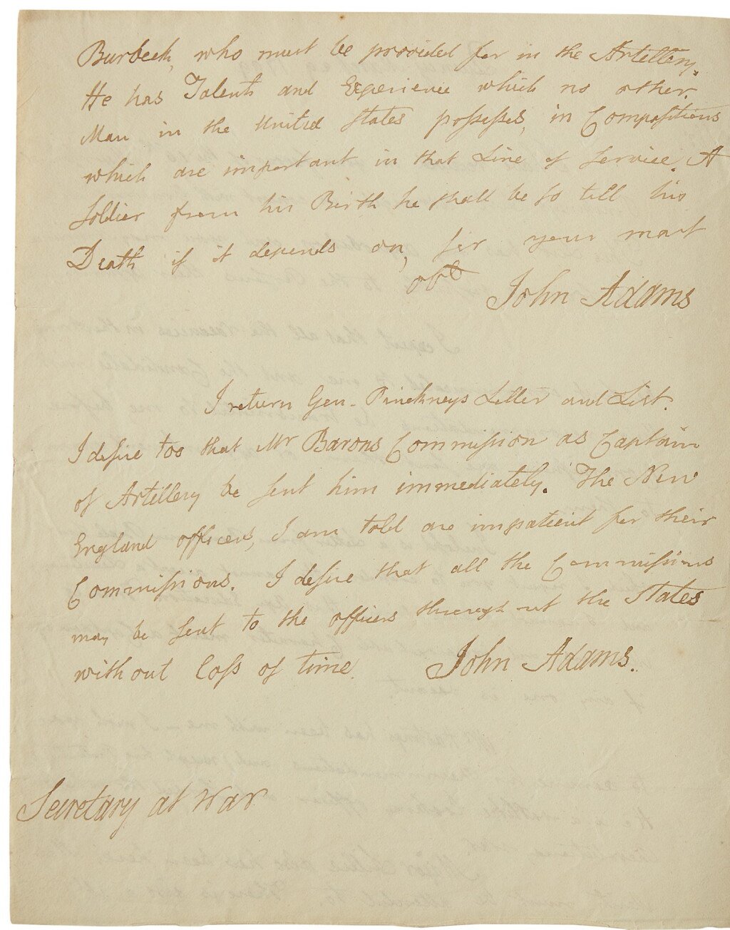 View full screen - View 1 of Lot 2102. Adams, John. Autograph letter signed, to James McHenry, 29 March 1799.