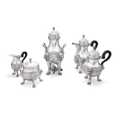 View full screen - View 1 of Lot 137. A Belgian 5-piece silver tea and coffee service, Fallon, Namur, circa 1900 | Service de 5 pièces à thé et café en argent par Fallon, Namur, vers 1900.