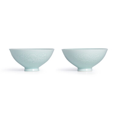 View full screen - View 1 of Lot 3706. A rare pair of moulded celadon-glazed 'bat and gourd' bowls, Marks and period of Yongzheng | 清雍正 粉青釉印多子多福紋盌一對 《大清雍正年製》款.