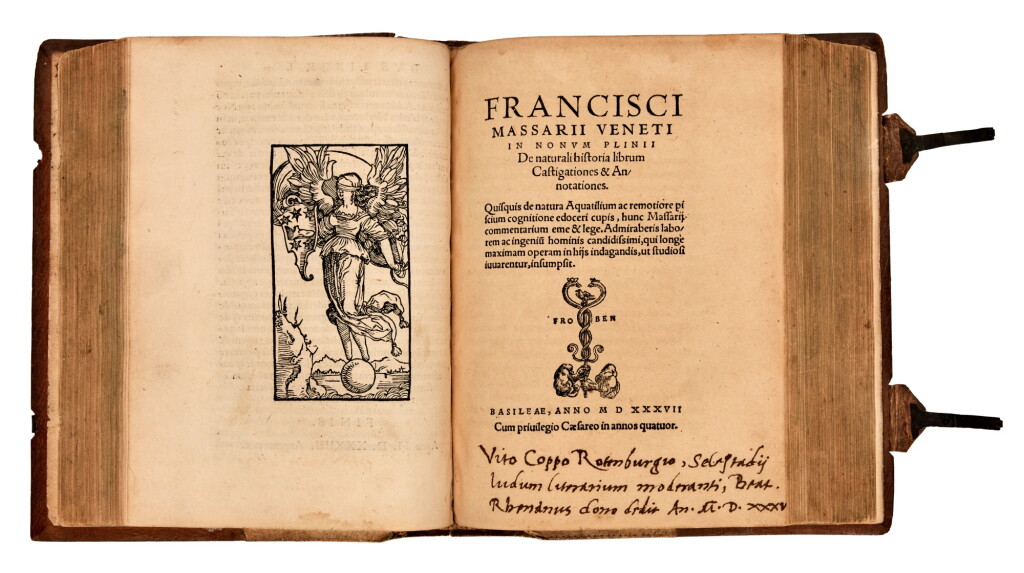 View full screen - View 1 of Lot 1161. Massari, In nonum Plinii De naturali historia, Basel, 1537; Oppianus, Alieuticon, Strassburg, 1534, contemporary half pigskin, presentation copy from Beatus Rhenanus.