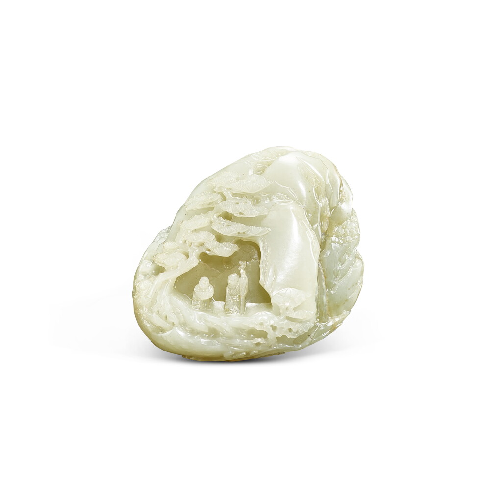 View full screen - View 1 of Lot 392. A small celadon jade boulder, Qing dynasty, 18th century | 清十八世紀 青玉松下高仕圖小山子.