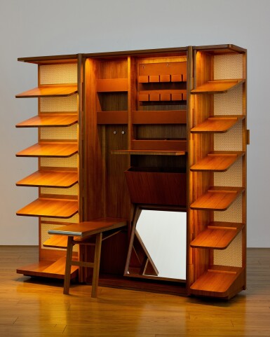 View full screen - View 1 of Lot 7897. Bleu Calfskin and Walnut Le Coffre à Chaussures Shoe Cabinet.