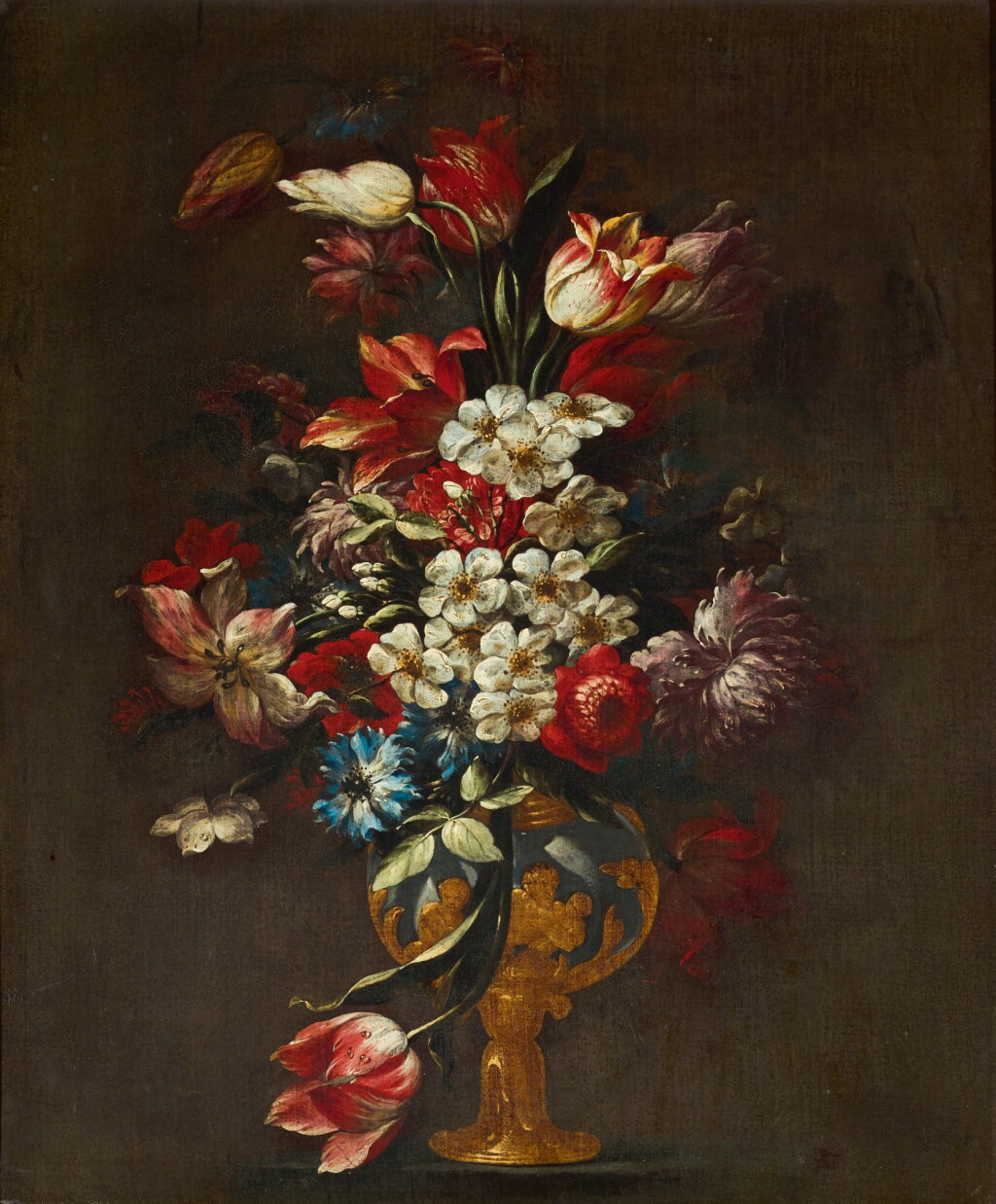 View full screen - View 1 of Lot 21. ROMAN SCHOOL, 17TH CENTURY | STILL LIFE OF FLOWERS, INCLUDING TULIPS AND APPLE BLOSSOM, IN A VASE DECORATED WITH GILT RELIEF.