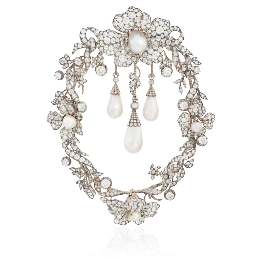 View full screen - View 1 of Lot 1089. Exceptional and highly important natural pearl and diamond devant-de-corsage, circa 1865.