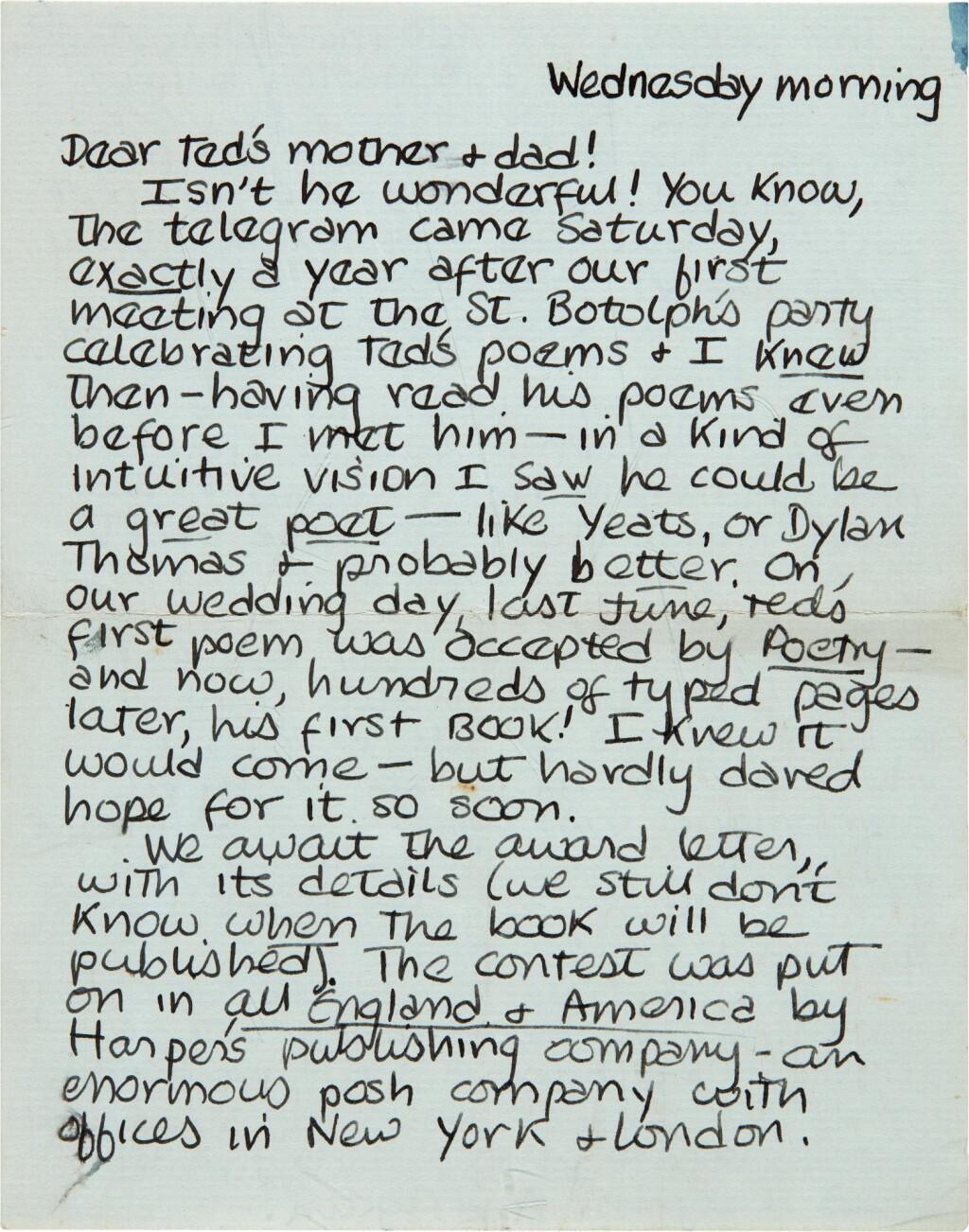 View full screen - View 1 of Lot 25. Sylvia Plath | Autograph letter signed, to Edith & William Hughes, "now ... his first BOOK", 27 February 1957.