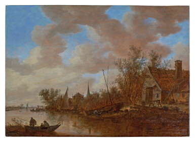 View full screen - View 1 of Lot 439. River Landscape with Fishermen and Men Repairing a Boat on the Shore.